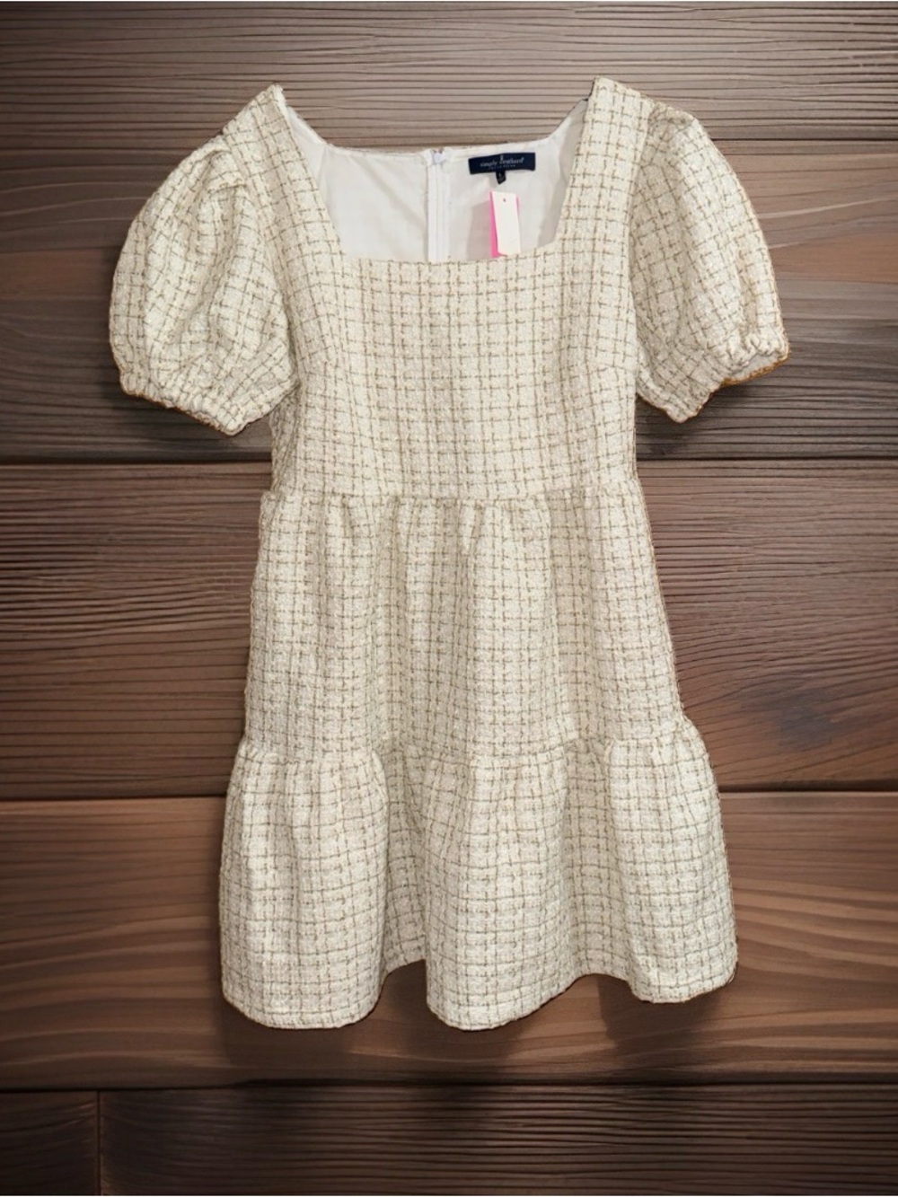Simply Southern Cream Tweed Square Neck Puff Midi Dress with Tiered Skirt